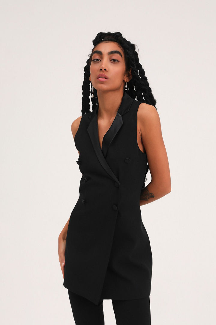 Kruvaze Yelek Ceket Siyah