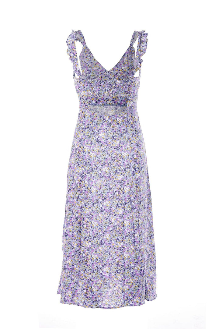 Sırt Dekolteli Askılı Yırtmaçlı Elbise Lila