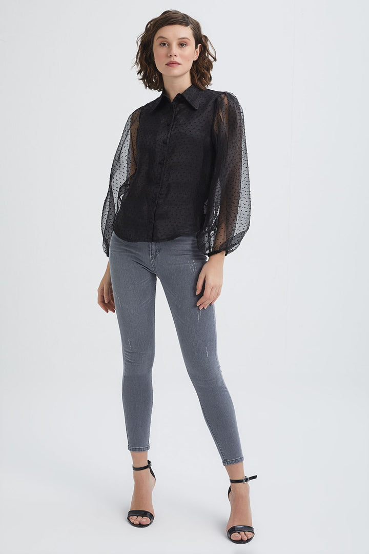 Embossed Sleeves Pleated Tulle Shirt Black