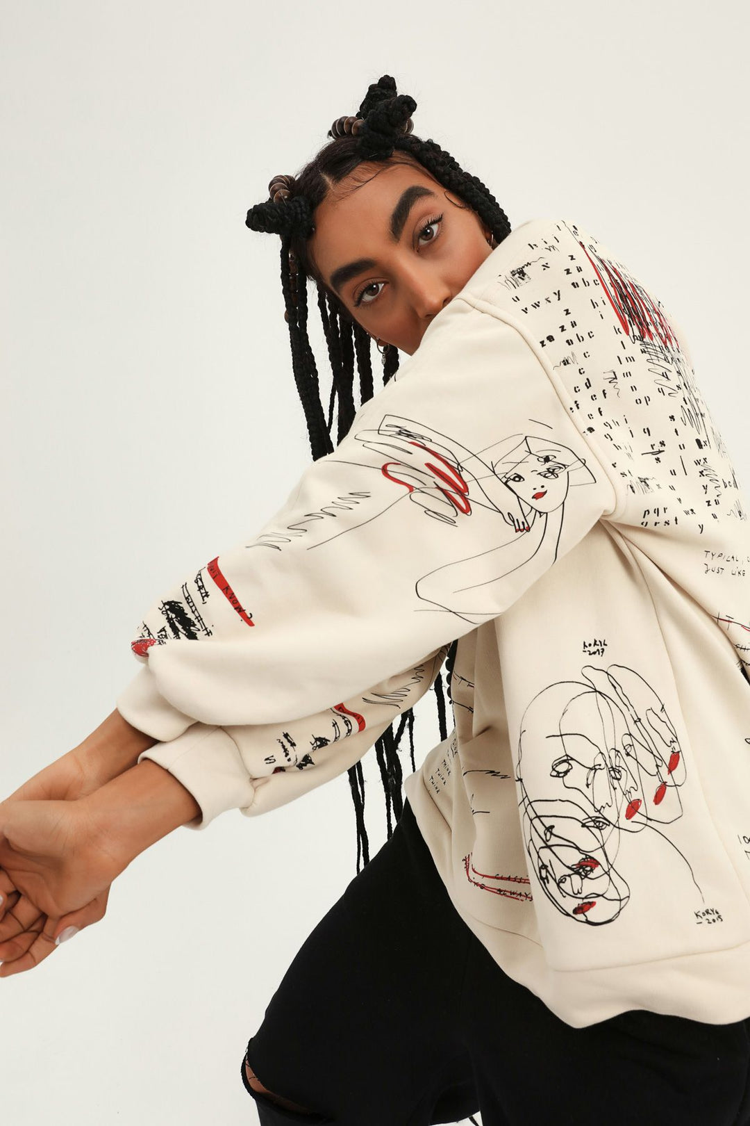 Printed Hoodie Oversize Sweatshirt Beige