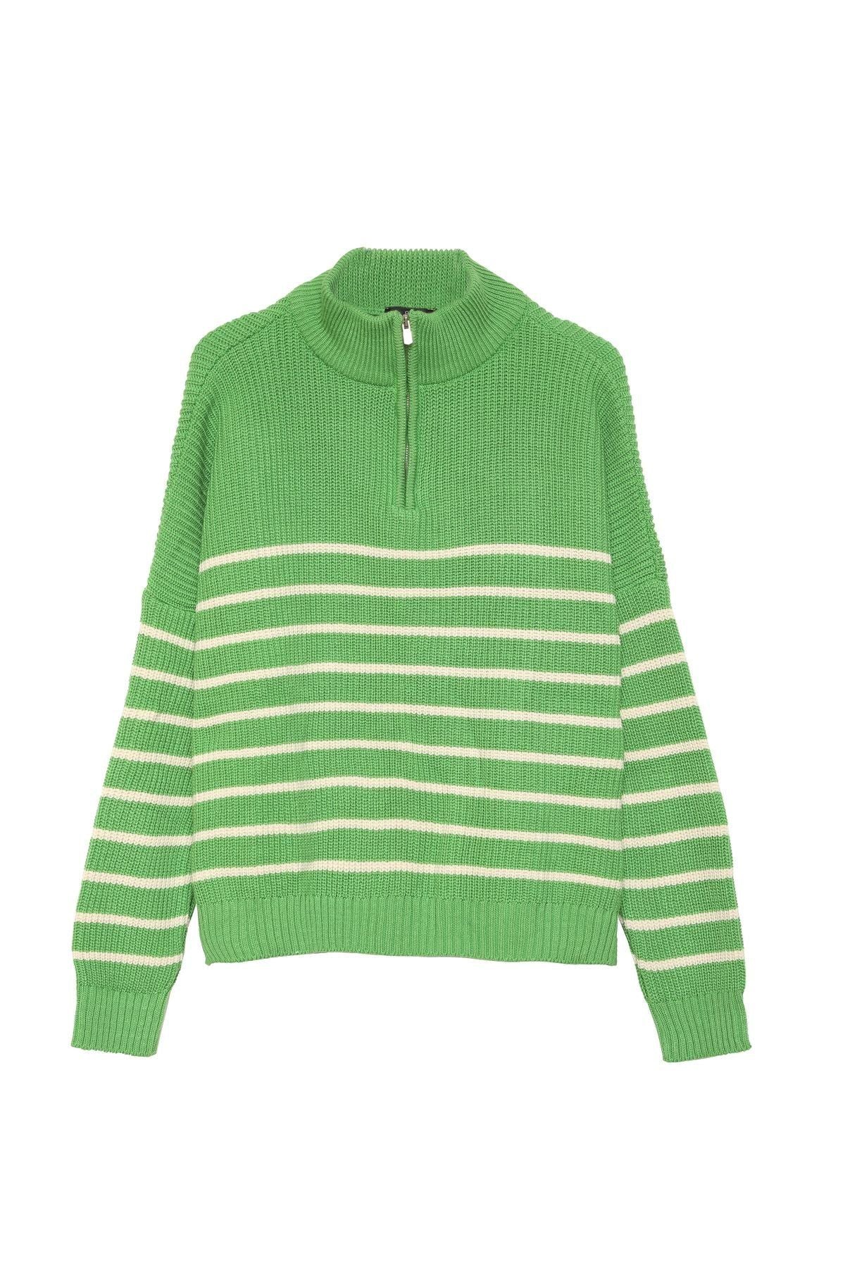 Zipper Striped Sweater Green