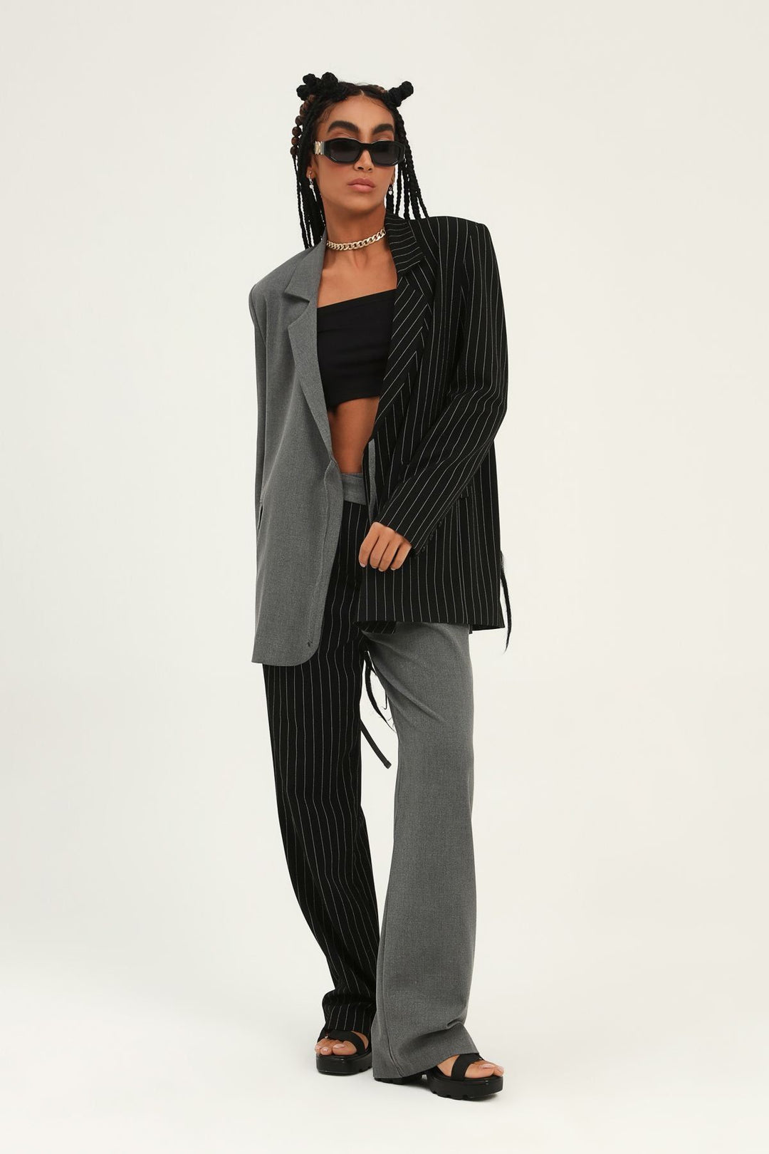 İki Renkli Kruvaze Ceket Gri