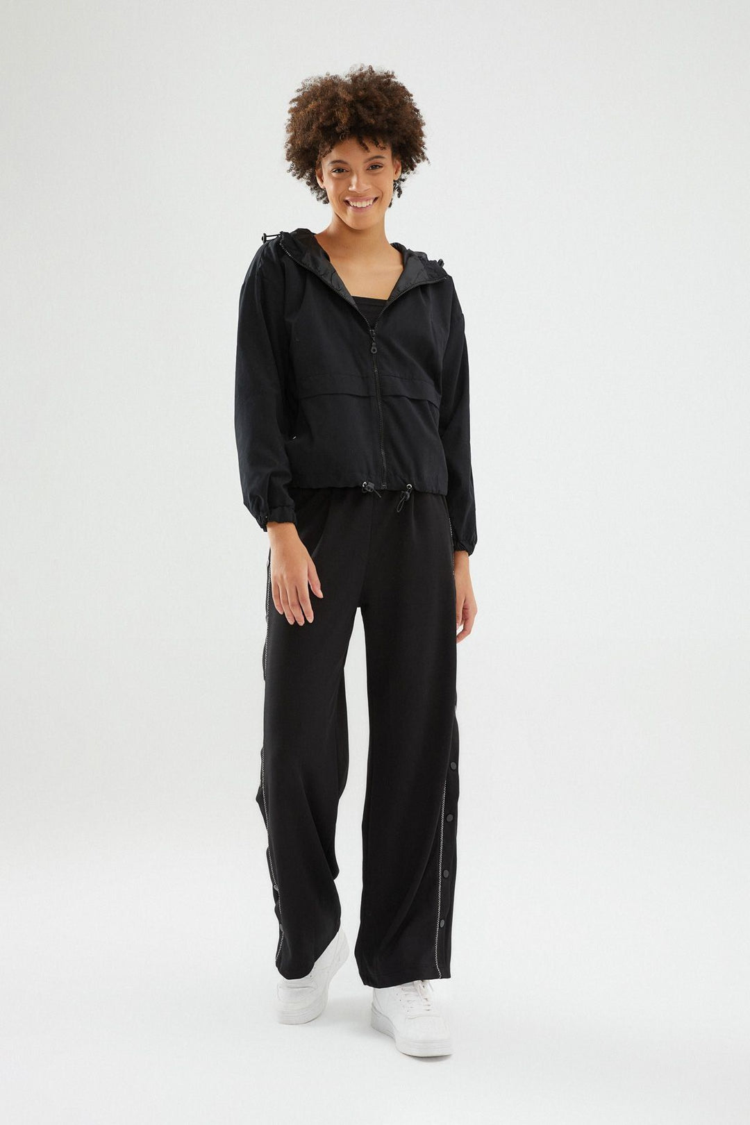 Hooded Gathered Waist Raincoat Black