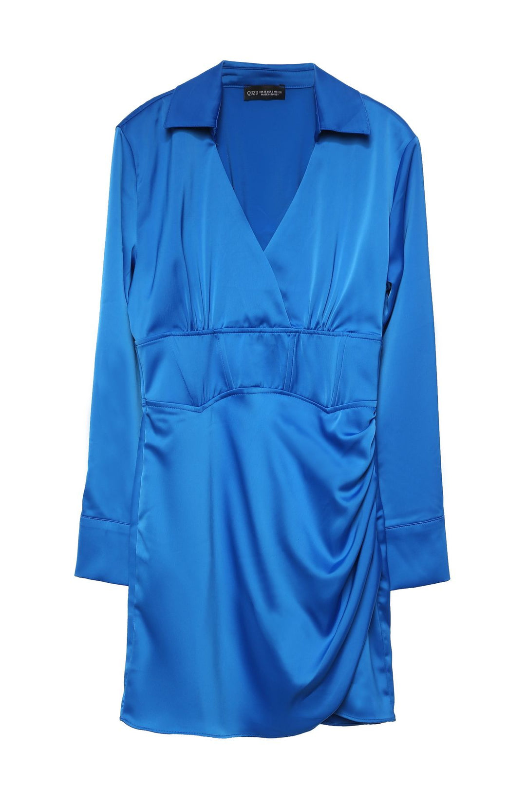 Double Breasted Neck Underwire Detailed Satin Dress Sax