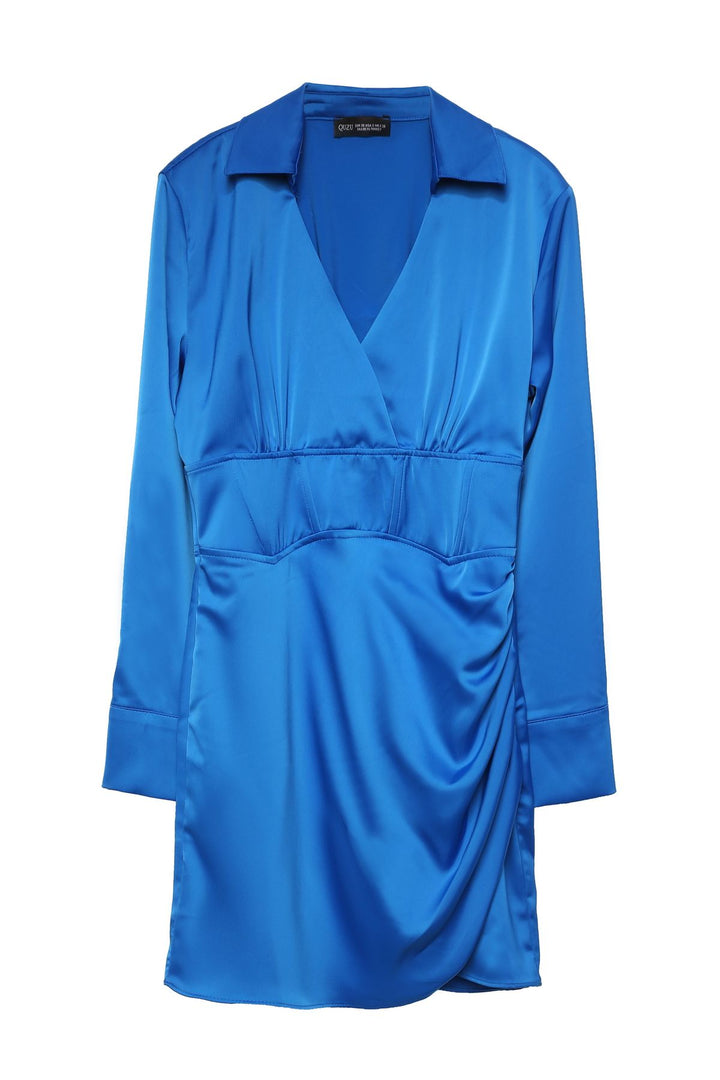 Double Breasted Neck Underwire Detailed Satin Dress Sax