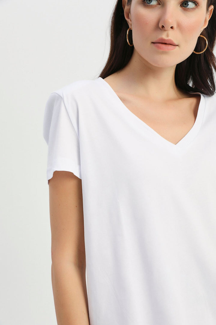 Vatkalı V Yaka Tişört Beyaz
