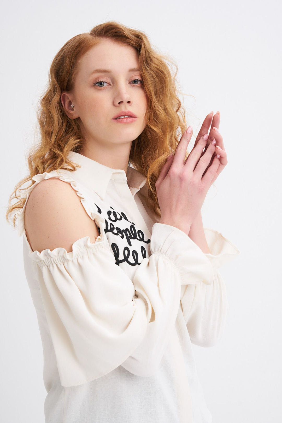 Embroidered Ruffle Detailed Off-Shoulder Shirt Ecru
