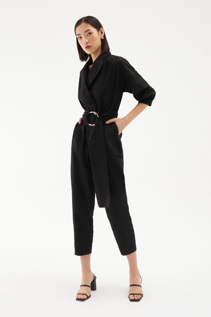 Belted Waist Balloon Sleeve Jumpsuit Black