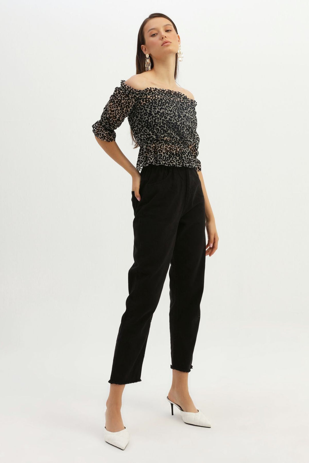 Patterned Off Shoulder Tulle Blouse Black
