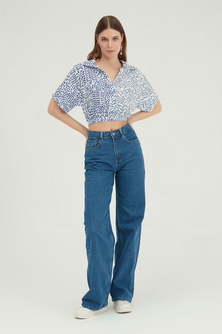 Patterned Crop Shirt Blue