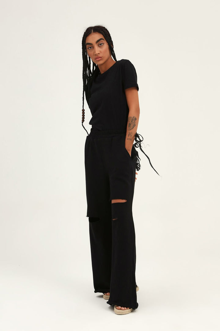 Ripped Detailed Tracksuit Black with Elastic Waist