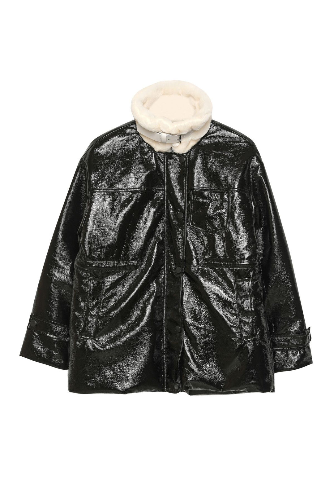Fur Detailed Patent Leather Coat Black