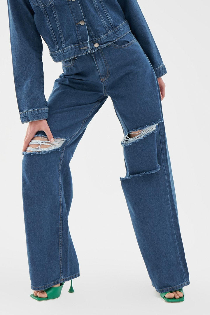 Yırtık Detaylı Bol Paça Kot Pantolon Mavi