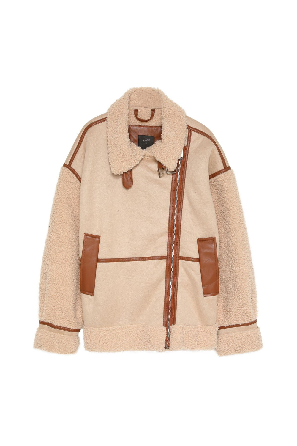 Stitched Short Coat with Plush Detail on Sleeves Beige