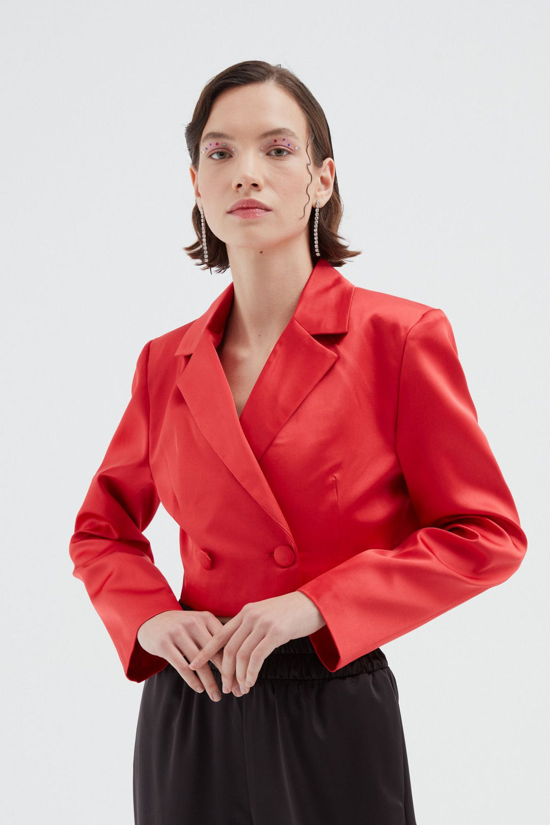 Crop Saten Blazer Ceket Kırmızı