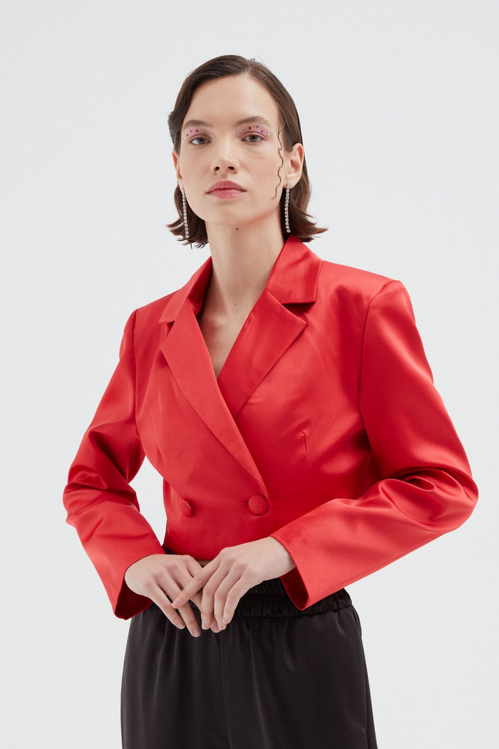 Crop Saten Blazer Ceket Kırmızı