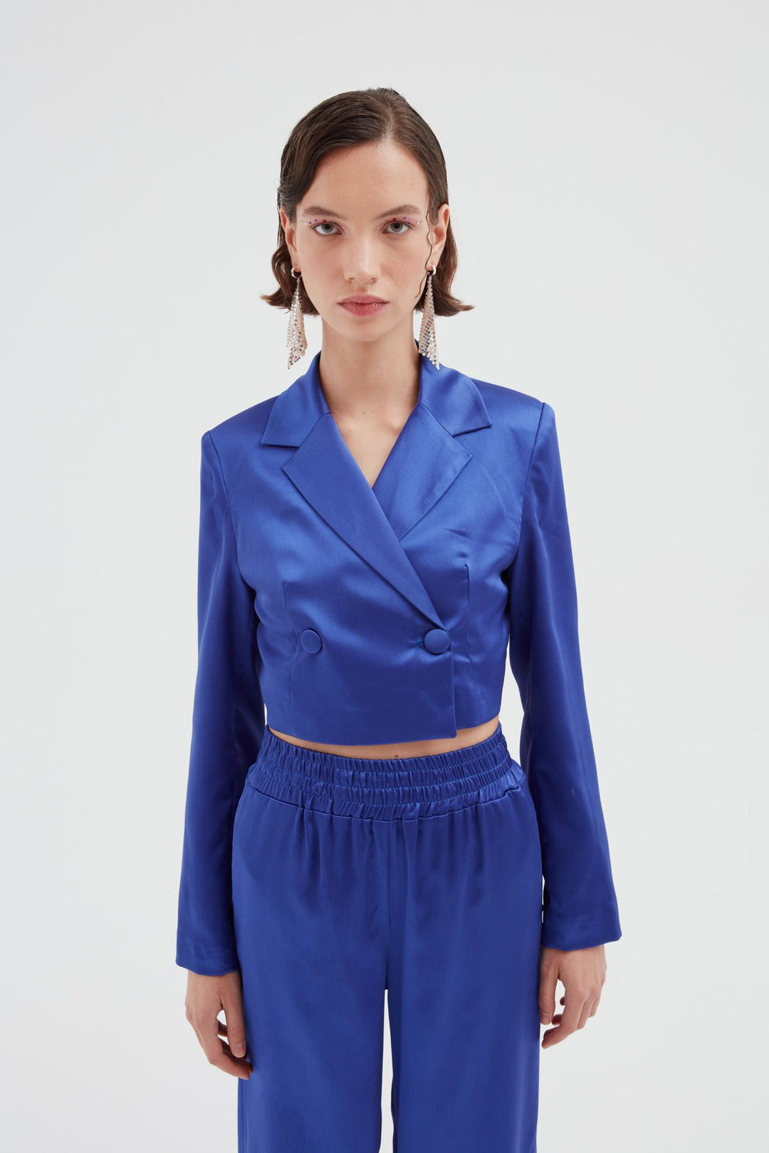 Crop Saten Blazer Ceket Sax