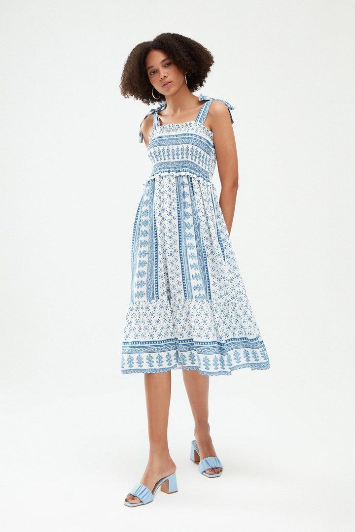 Desenli Gipeli Kalın Askılı Elbise Mavi