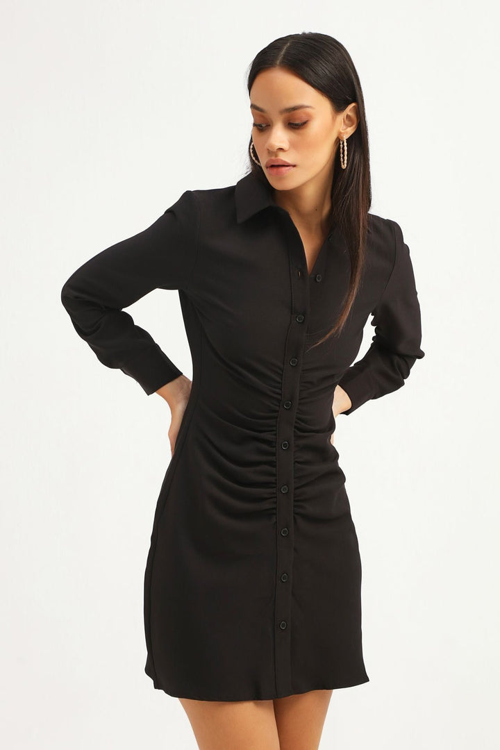 Ruffle Detailed Buttoned Dress Black