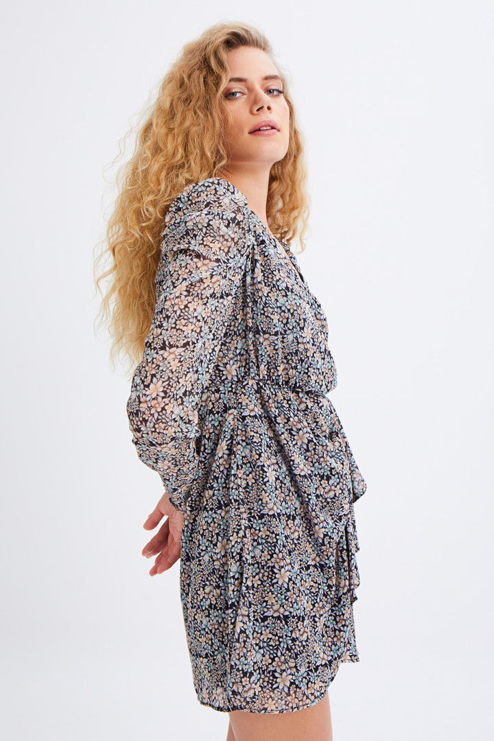 Crispy Floral Patterned Ruffle Double Breasted Mini Dress Black