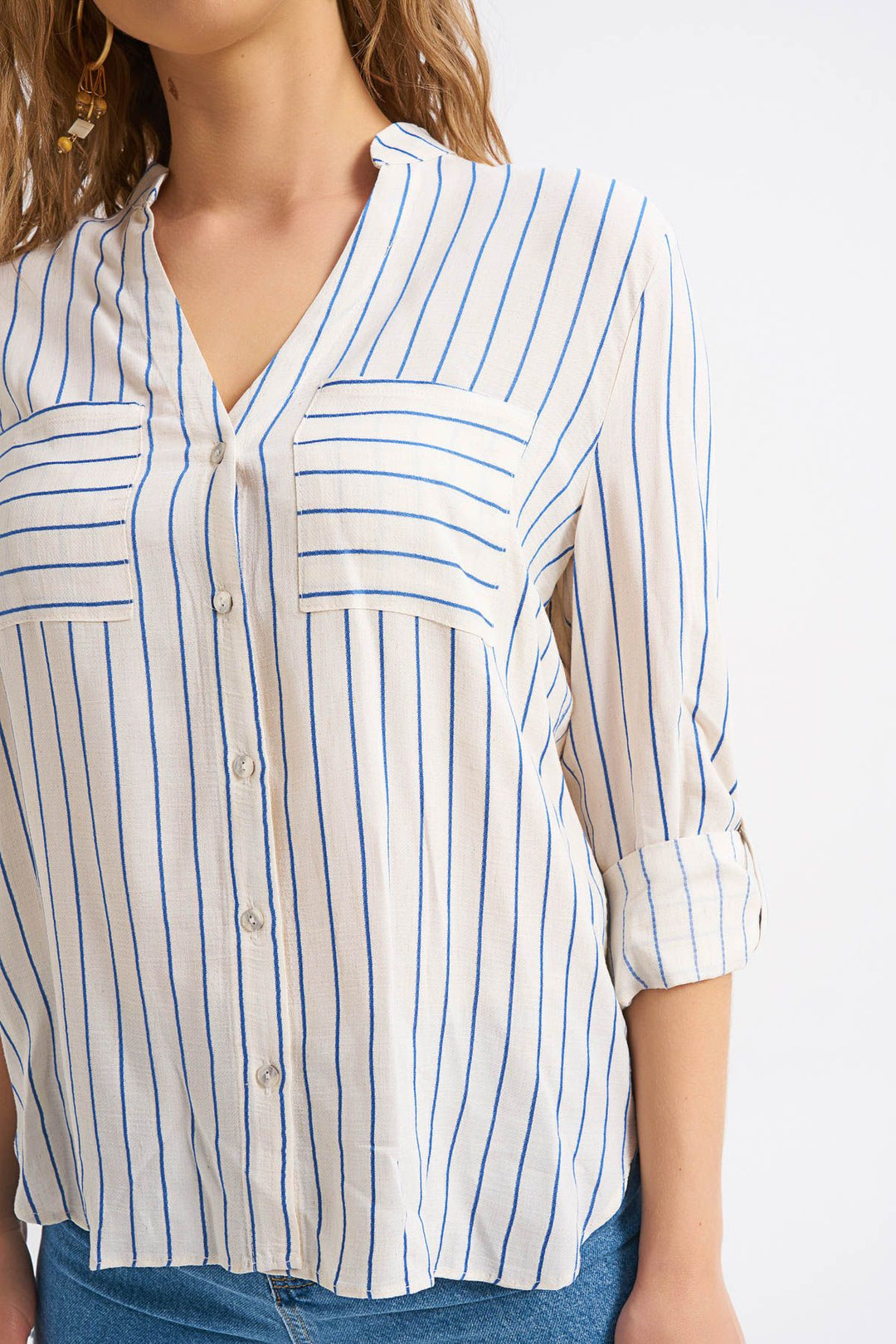 Çizgili Cepli Keten Gömlek İndigo