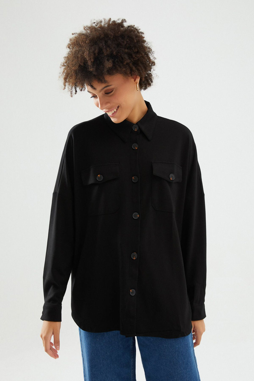 Oversize Cepli Gömlek Siyah