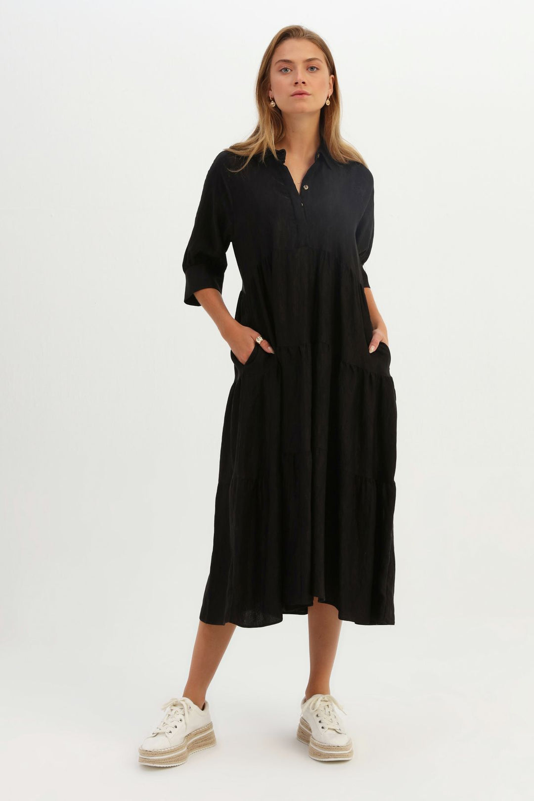 Shirt Collar Raglan Sleeve Dress Black