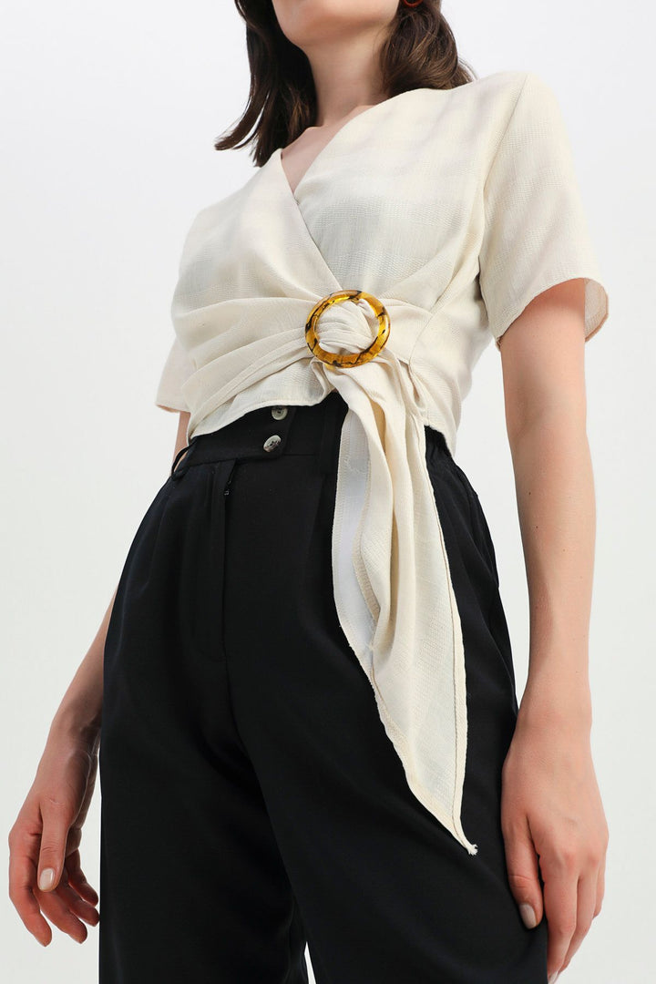 Buckle Detailed Double Breasted Blouse Ecru