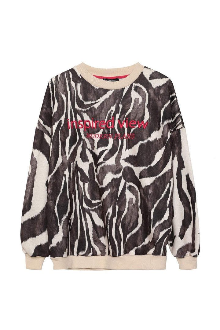 Yazı Baskılı Desenli Oversize Sweatshirt Bej