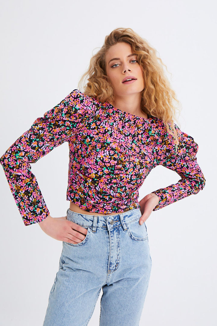 Desenli Karpuz Kol Bluz Fuşya