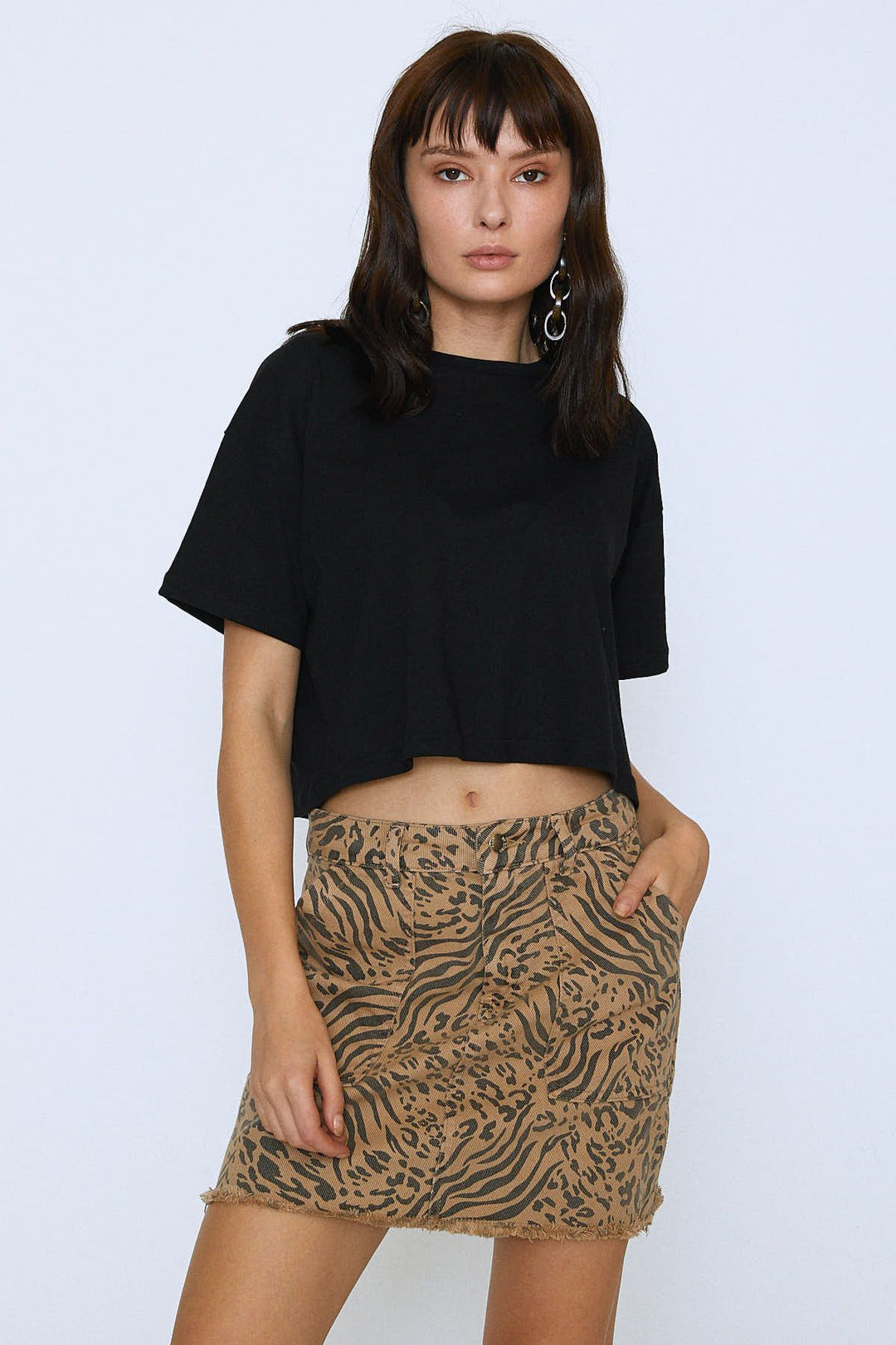 Leopard Patterned Denim Skirt Camel