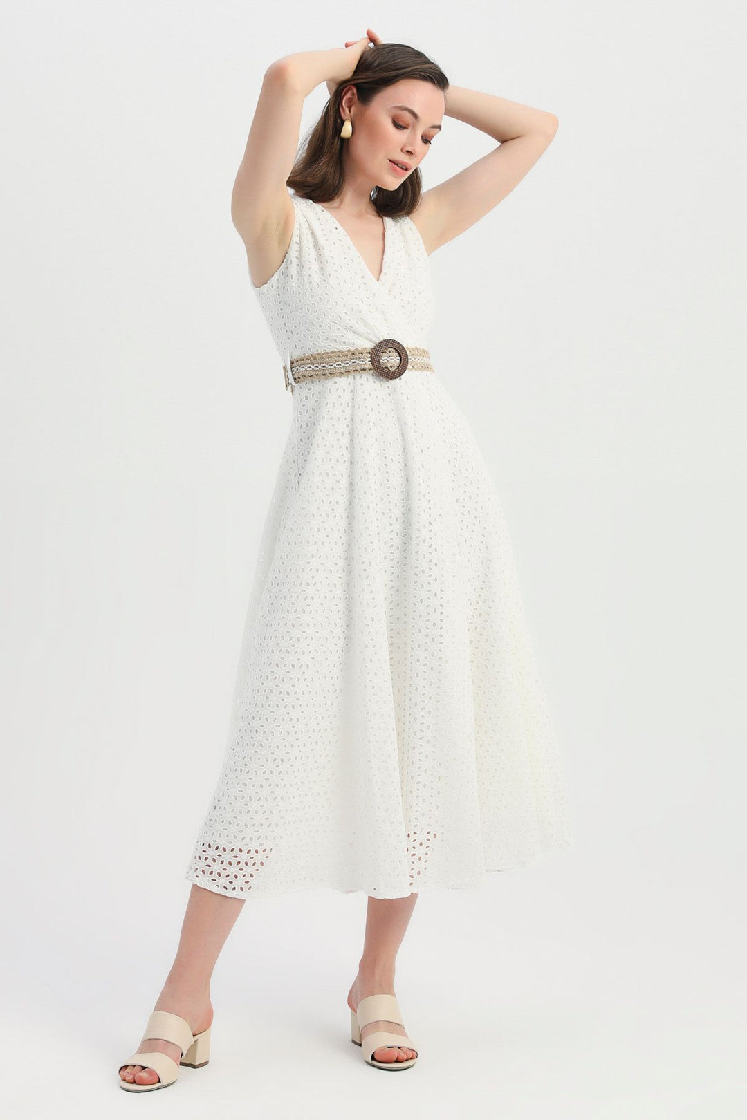 Belted Double Breasted Guipure Dress Ecru