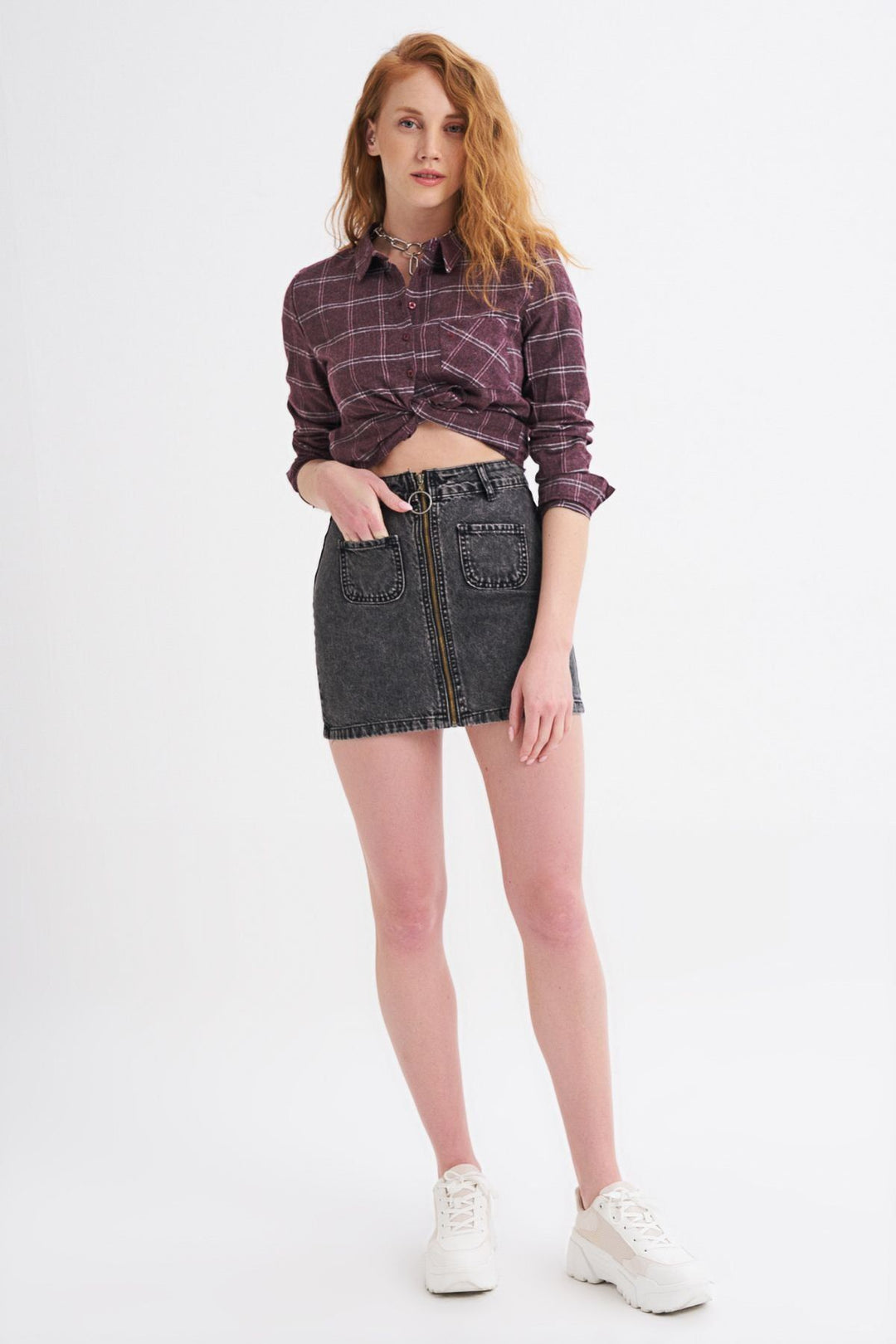 Önü Fermuarlı Kot Etek Antrasit