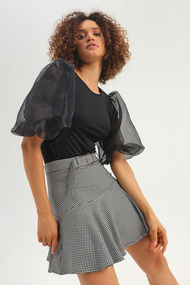 Balloon Sleeve Tulle Bodysuit Black