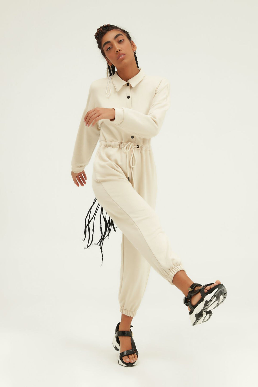Pleated Waist Shirt Collar Jumpsuit Beige