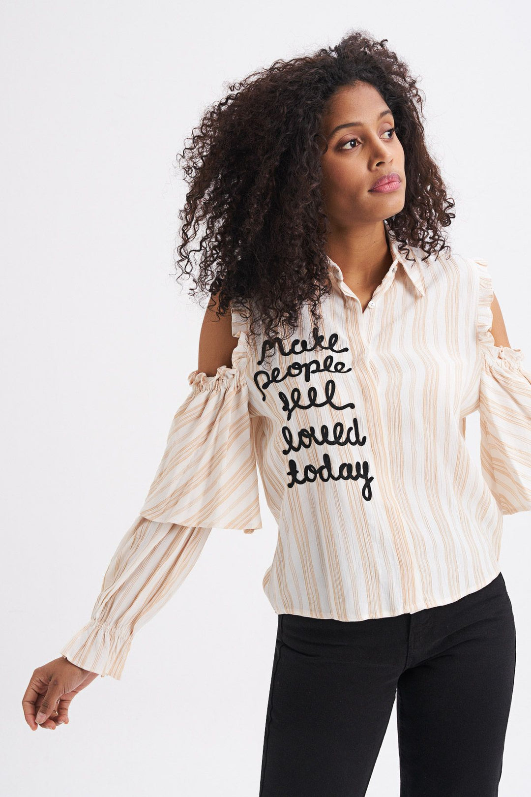 Embroidery Detailed Striped Off Shoulder Shirt Beige