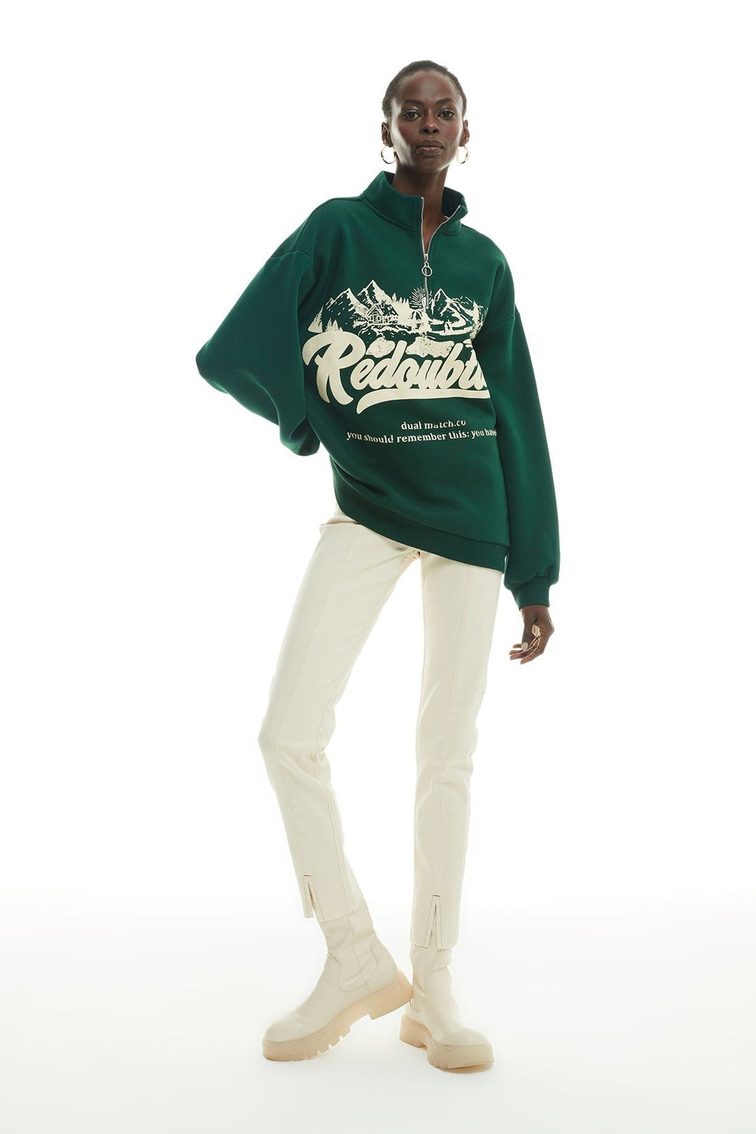 Zipper Collar Printed Sweatshirt Dark Green