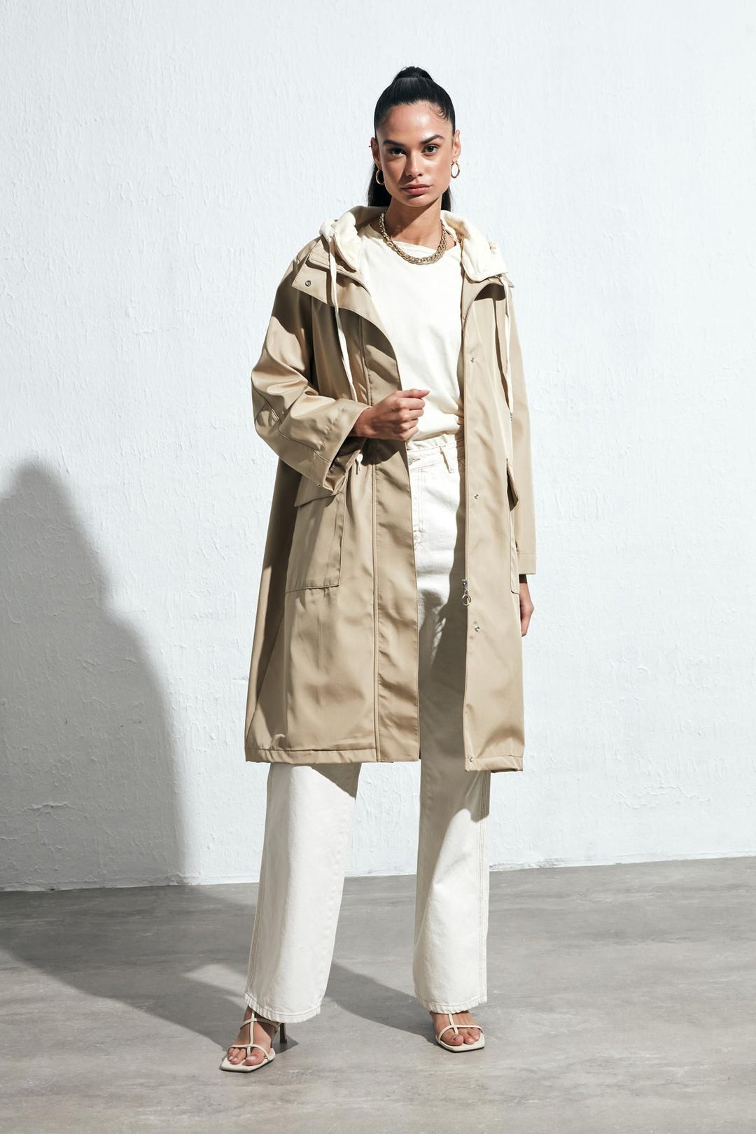 Back Printed Hooded Trench Coat Beige