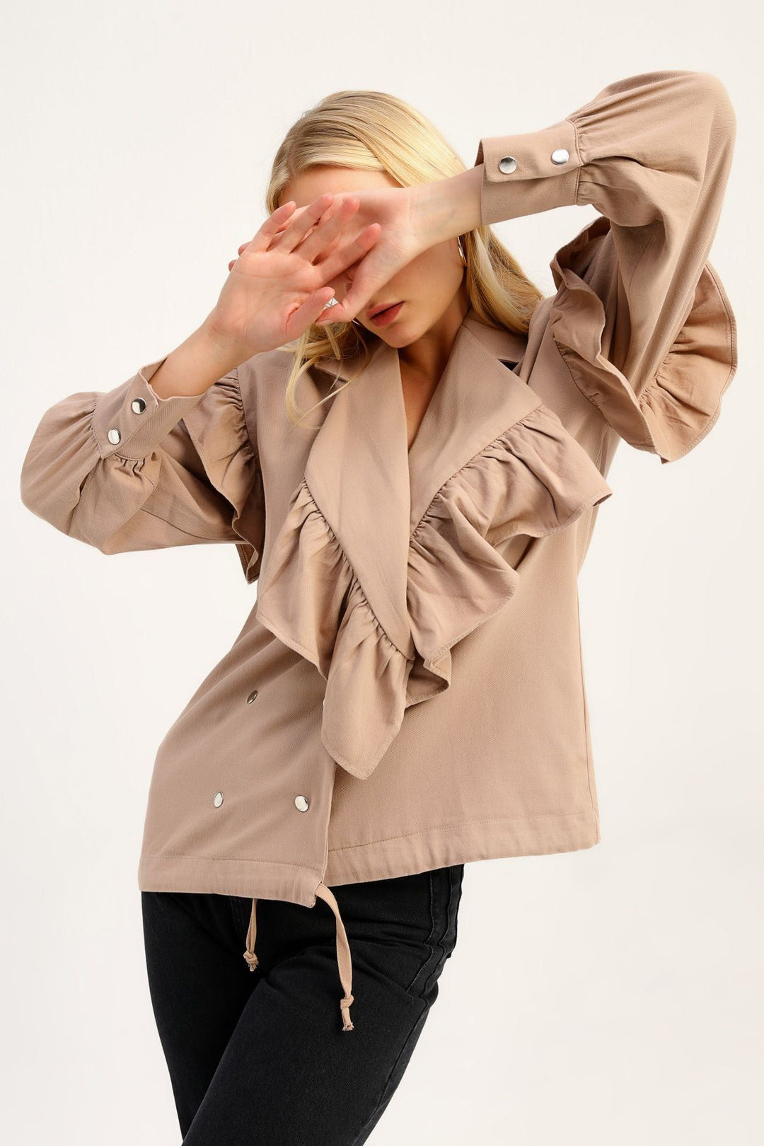 Double Breasted Frilly Jacket Camel