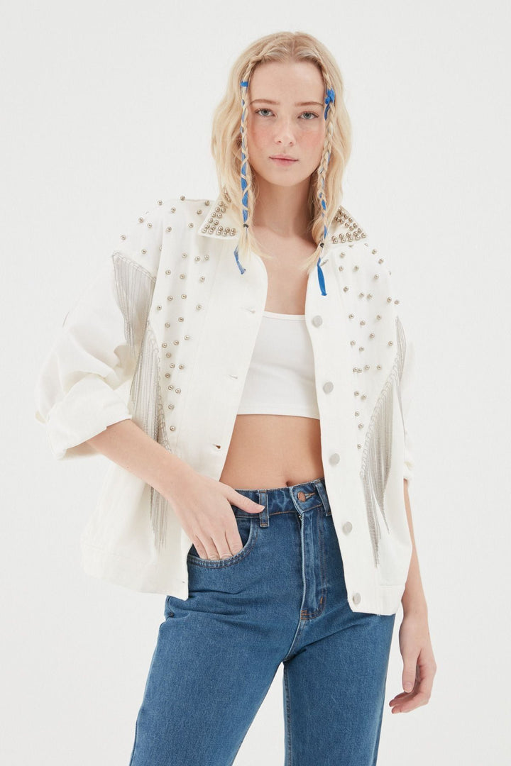 İnci Detaylı Kot Ceket Beyaz