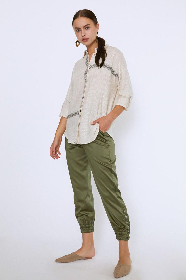 Şerit Detaylı Keten Gömlek Naturel