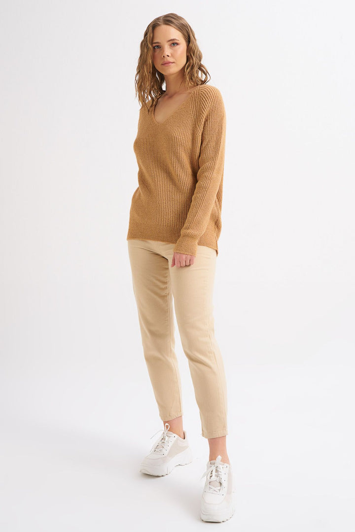V Neck Long Sweater Camel