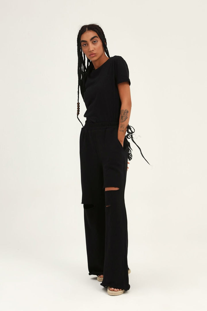 Ripped Detailed Tracksuit Black with Elastic Waist