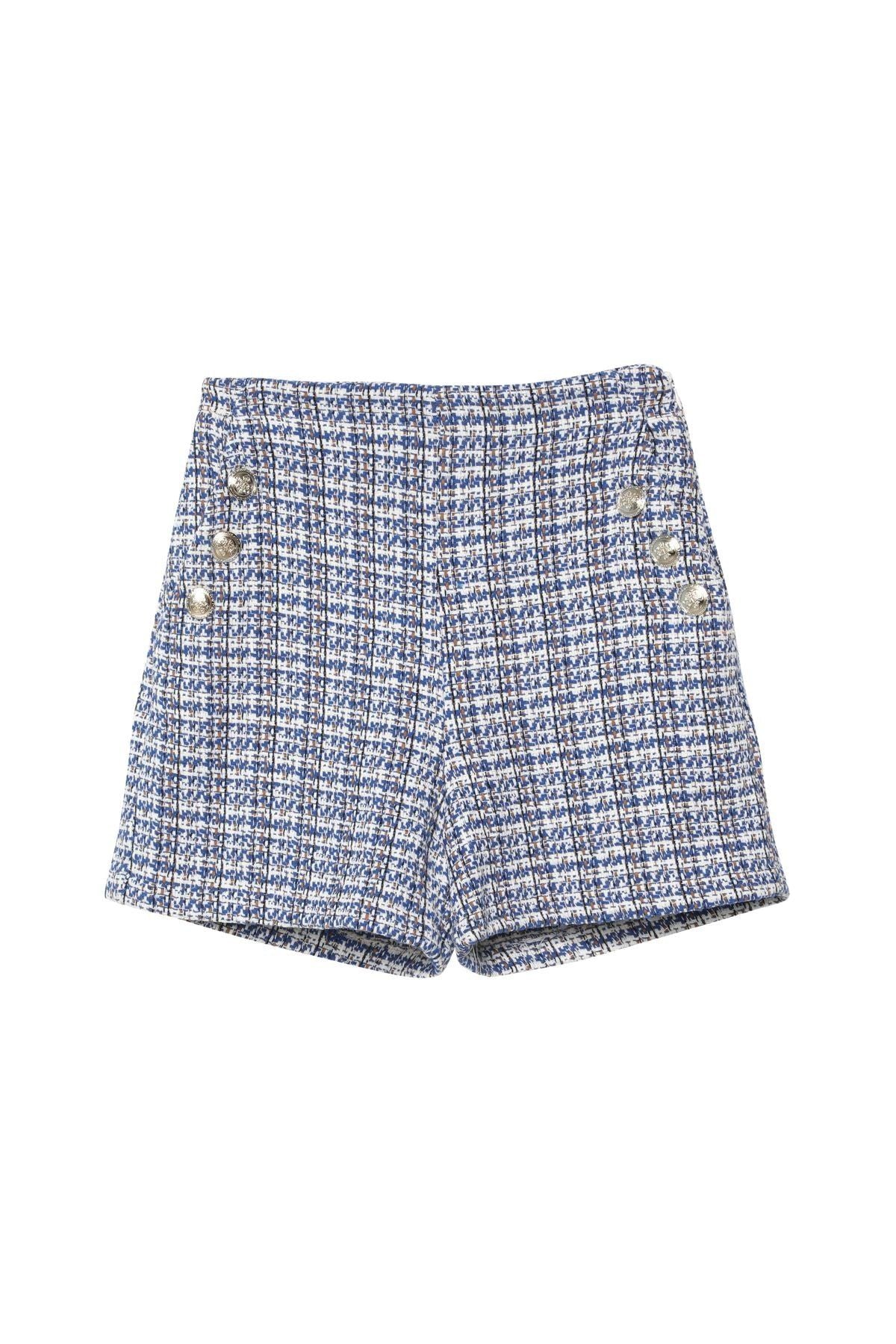 Button Detailed Tweed Shorts Sax