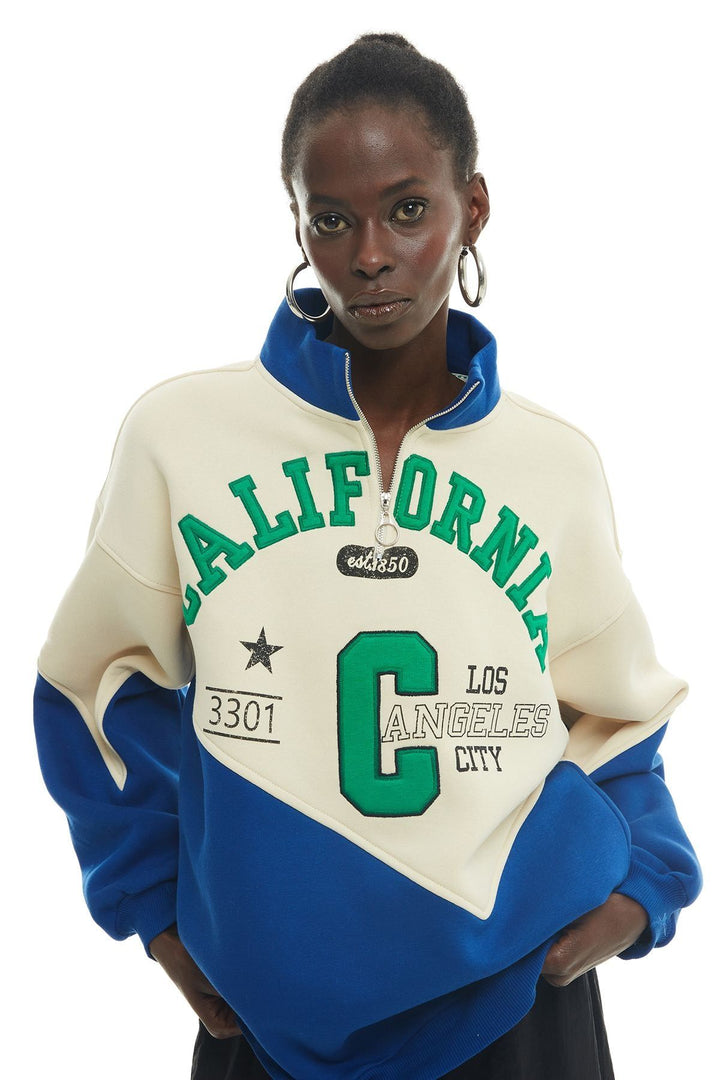 Stand Up Collar Printed Sweatshirt Beige