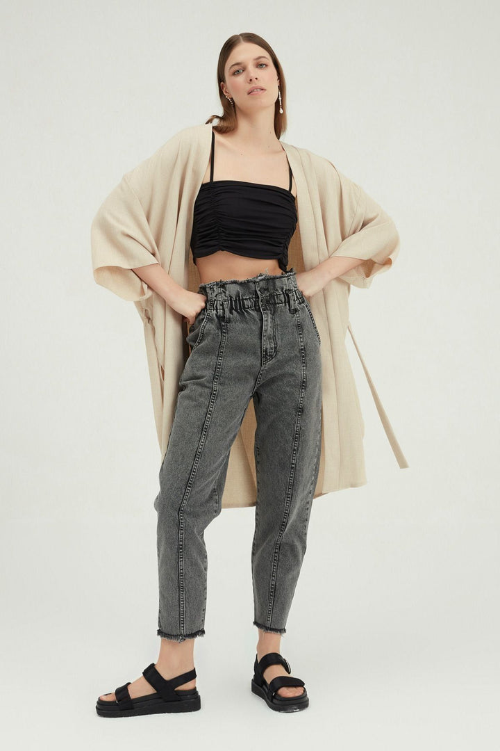 Three Quarter Sleeve Tie Kimono Beige