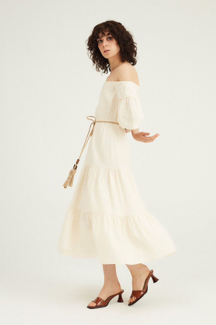 Off Shoulder Ruffle Dress Bone