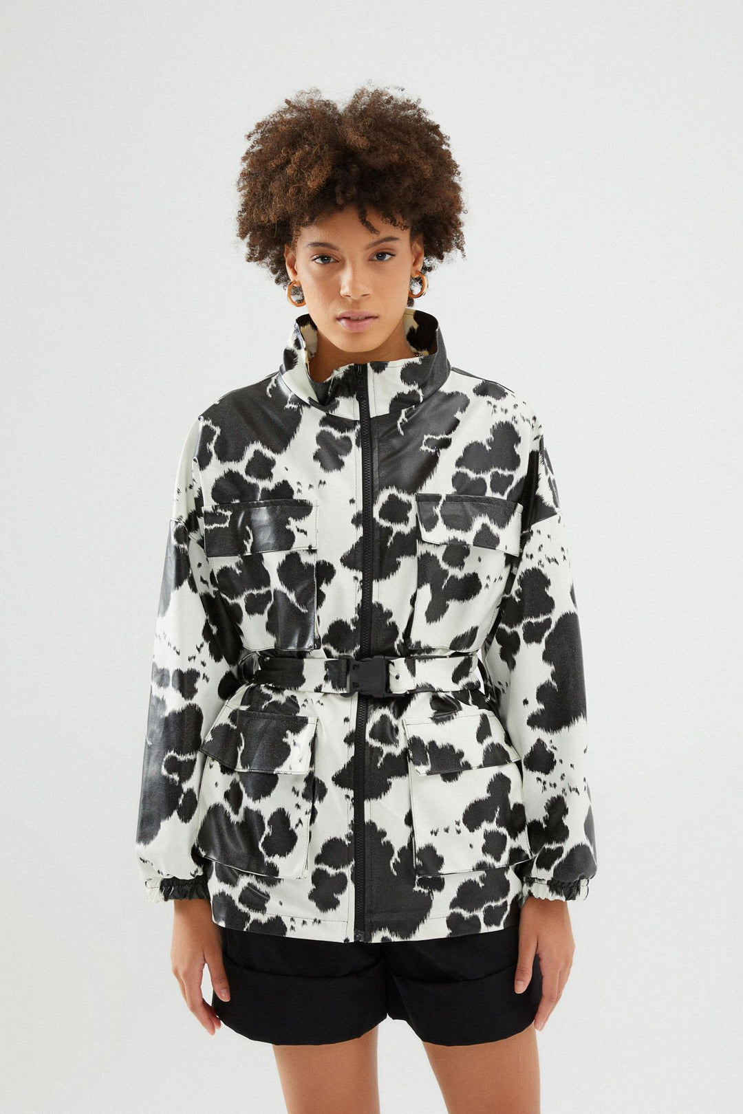 Patterned Belted Raincoat Black