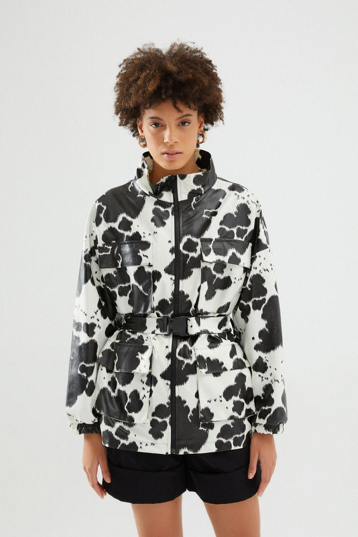 Patterned Belted Raincoat Black