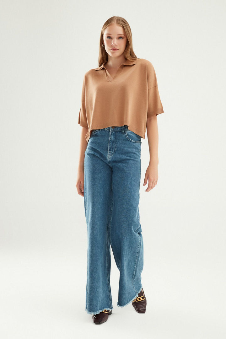 Oversize Polo Yaka Triko Camel